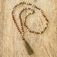 Aventurine and jasper long beaded necklace, 'Natural Bohemian' - Handmade Gemstone Bead Necklace