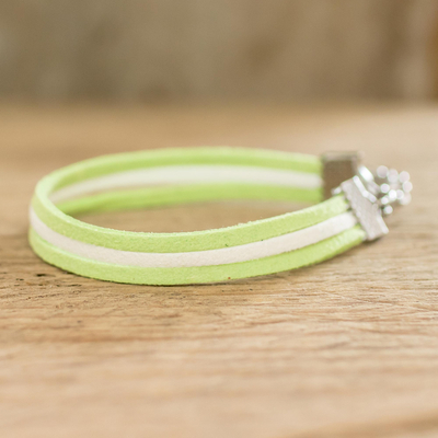 Faux suede wristband bracelet, 'Kiwi Stripes' - Light Green and White Faux Suede Bracelet