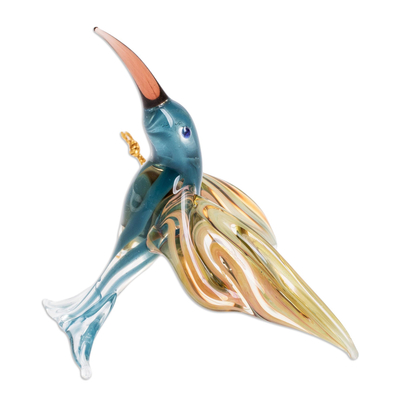 Blown glass figurine, 'Busy Blue Hummingbird' - Costa Rican Handmade Blown Glass Hummingbird Figurine