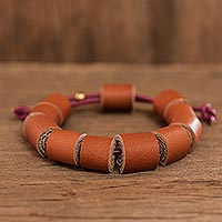 Leather wristband bracelet, 'Sepia Cylinders' - Handmade Eco Friendly Brown Leather Bracelet from Costa Rica