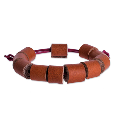 Leather wristband bracelet, 'Sepia Cylinders' - Handmade Eco Friendly Brown Leather Bracelet from Costa Rica