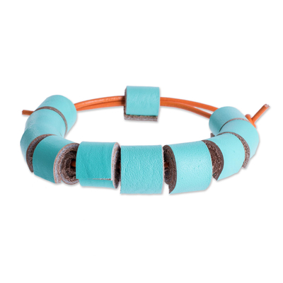 Leather wristband bracelet, 'Seafoam Cylinders' - Costa Rica Handmade Eco Friendly Blue Leather Bracelet