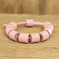 Leather wristband bracelet, 'Pale Peach Cylinders' - Handmade Eco Friendly Peach Leather Bracelet from Costa Rica