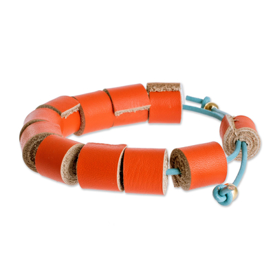 Leather wristband bracelet, 'Flame Red Cylinders' - Costa Rica Handmade Eco Friendly Flame Red Leather Bracelet