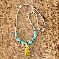 Leather and wood long beaded necklace, 'San Francisco Bohemian' - Beaded Tassel Necklace from Costa Rica