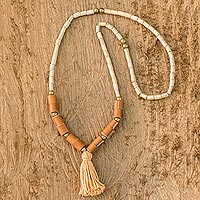 Leather and wood long beaded necklace, 'Corcovado Bohemian' - Tasseled Long Beaded Necklace