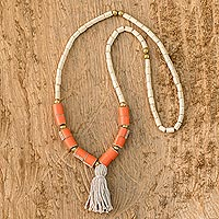 Leather and wood long beaded necklace, 'San Jose Bohemian' - Beaded Pendant Necklace with Hematite