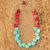 Leather strand necklace, 'Bright Stepping Stones' - Red and Aqua Leather Necklace