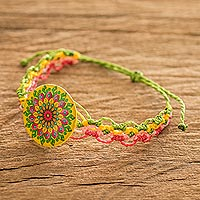 Macrame wristband bracelet, 'Spring Mandala' - Handmade Macrame Pendant Bracelet