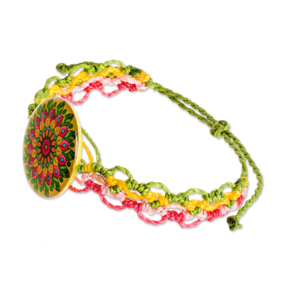 Macrame wristband bracelet, 'Spring Mandala' - Handmade Macrame Pendant Bracelet