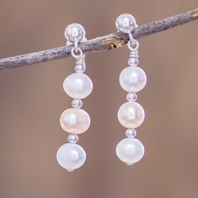 Aretes colgantes de perlas cultivadas - Aretes de perlas cultivadas rosas y blancas