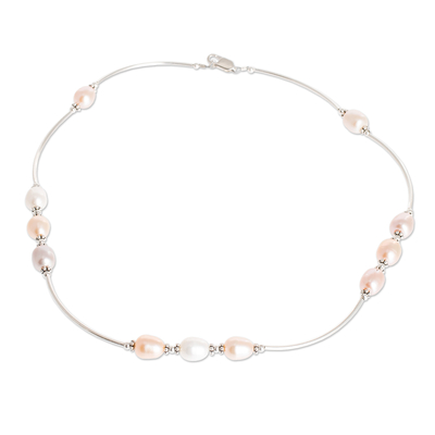 collar de eslabones de perlas cultivadas - Collar de perlas cultivadas rosas y blancas