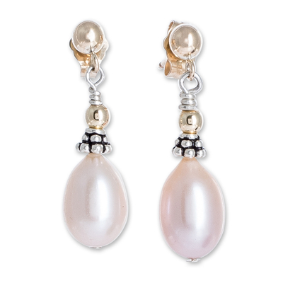 Gold-accented cultured pearl dangle earrings, 'Petal Perfection' - Pink Cultured Pearl Earrings