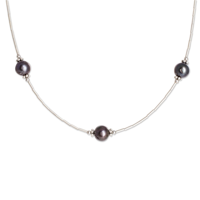Cultured pearl beaded necklace, 'Shades of Grey' - Dark Grey Cultured Pearl Necklace