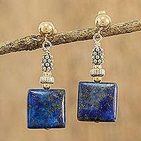 Gold accented lapis lazuli dangle earrings, 'Caribbean Coast' - Lapis Lazuli Earrings with Gold Accents