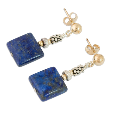 Gold accented lapis lazuli dangle earrings, 'Caribbean Coast' - Lapis Lazuli Earrings with Gold Accents
