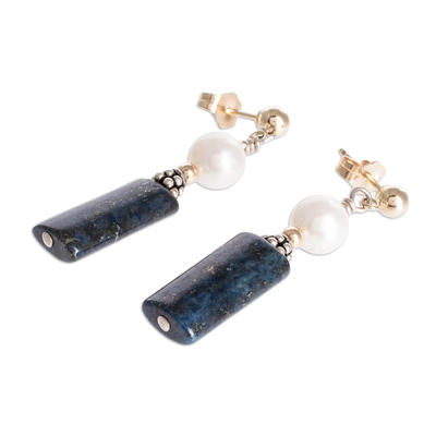 Lapis lazuli and cultured pearl dangle earrings, 'Skyward' - Gold-accented Lapis and Cultured Pearl Earrings