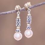 Gold-accented cultured pearl dangle earrings, 'Rose Glam' - Pink Cultured Pearl Earrings