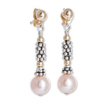 Gold-accented cultured pearl dangle earrings, 'Rose Glam' - Pink Cultured Pearl Earrings
