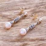 Gold-accented cultured pearl dangle earrings, 'Rose Glam' - Pink Cultured Pearl Earrings