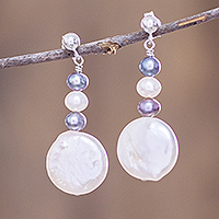 Cultured pearl beaded dangle earrings, 'Coin of the Realm' - Beaded Cultured Pearl Earrings
