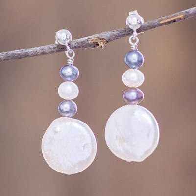 Cultured pearl beaded dangle earrings, 'Coin of the Realm' - Beaded Cultured Pearl Earrings