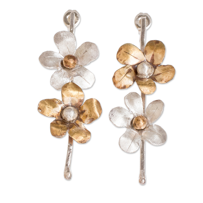 Sterling silver drop earrings, 'Wildflower Medley' - Modern Sterling Silver Asymmetrical Floral Earrings
