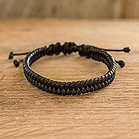 Unisex macrame bracelet, 'Strong Ties in Black' - Handcrafted Black Macrame Bracelet