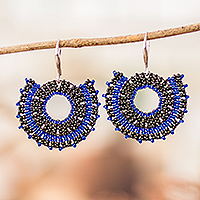 Glass beaded dangle earrings, 'Blue and Black Moon' - Blue and Black Glass Beaded Dangle Earrings on Steel Hooks