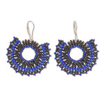Glass beaded dangle earrings, 'Blue and Black Moon' - Blue and Black Glass Beaded Dangle Earrings on Steel Hooks