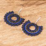 Glass beaded dangle earrings, 'Blue and Black Moon' - Blue and Black Glass Beaded Dangle Earrings on Steel Hooks