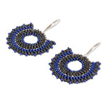 Glass beaded dangle earrings, 'Blue and Black Moon' - Blue and Black Glass Beaded Dangle Earrings on Steel Hooks