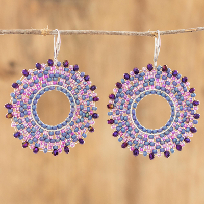 Glass beaded dangle earrings, 'Pink and Blue Halo' - Pink & Blue Glass Beaded Dangle Earrings from Costa Rica