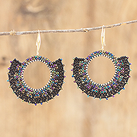 Glass bead dangle earrings, 'Black Sunflower' - Black Glass Bead Earrings in Half Circle Design and Hooks