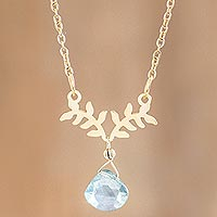 Gold plated crystal pendant necklace, 'Blue Laurel'