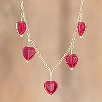 Gold plated pendant necklace, 'Cascade of Hearts' - Red Heart Pendant Necklace