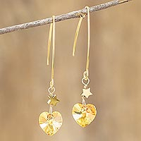 Gold plated dangle earrings, 'Amber Hearts' - Heart Shaped Amber Colored Dangle Earrings from Costa Rica