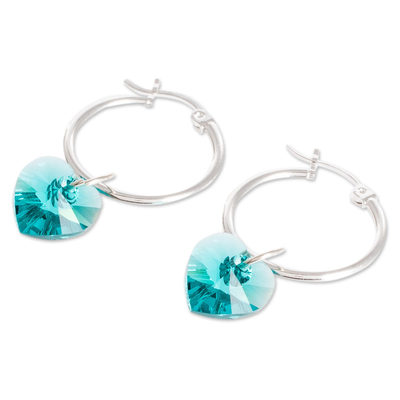 Sterling silver dangle earrings, 'Turquoise Heart' - Hoop Earrings with Blue Crystal
