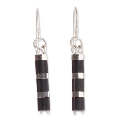 Beaded dangle earrings, 'Crosswalk' - Black and Silver Beaded Earrings