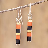 Beaded dangle earrings, 'Monte Carlo Stripe' - Orange and Black Bead Earrings