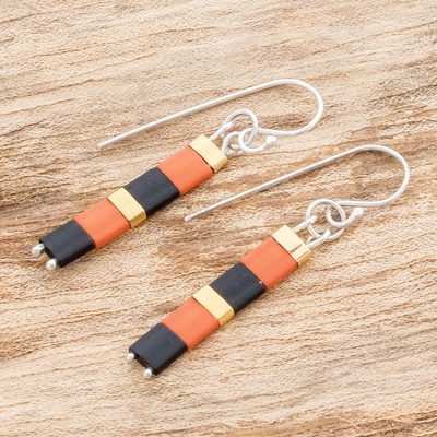 Beaded dangle earrings, 'Monte Carlo Stripe' - Orange and Black Bead Earrings