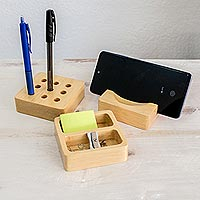Wood desk set, 'In the Office' (3 pieces) - Hand Carved Desk Set (3 Pieces)