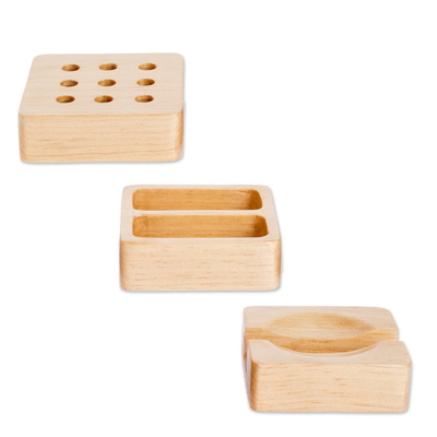 Juego de escritorio de madera, (3 piezas) - Juego de escritorio tallado a mano (3 piezas)