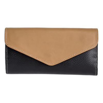Black and Beige 100% Leather Multi-Compartment Wallet