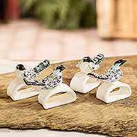 Ceramic napkin rings, 'Azure-rumped Tanager' (set of 4) - Hand Painted Bird Napkin Rings (Set of 4)