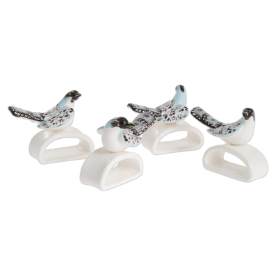 Ceramic napkin rings, 'Azure-rumped Tanager' (set of 4) - Hand Painted Bird Napkin Rings (Set of 4)