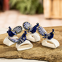 Ceramic napkin rings, 'Blue Peacock' (set of 4) - Handcrafted Peacock Napkin Rings (Set of 4)