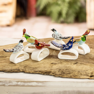 Ceramic napkin rings, 'Avian World' (set of 6) - Bird Napkin Rings from Guatemala (Set of 6)