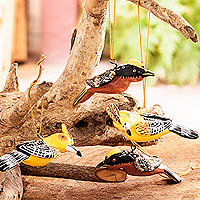 Ceramic ornaments, 'Christmas Woodpeckers' (set of 4) - Handmade Bird Ornaments (Set of 4)