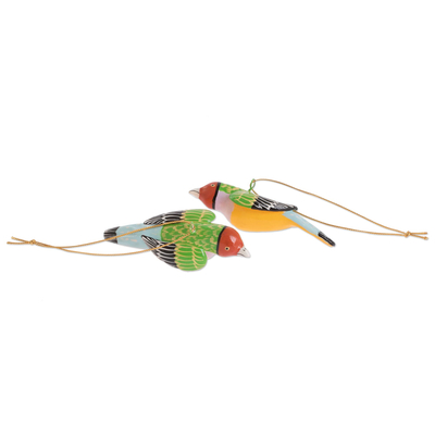 Ceramic ornaments, 'Christmas Finches' (set of 4) - Gouldian Finch Christmas Ornaments (Set of 4)
